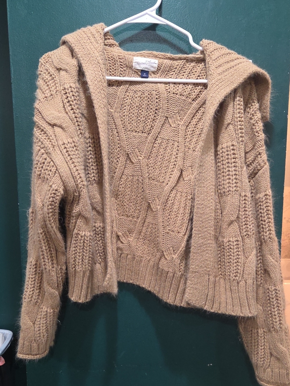 Universal Thread Hooded Cable Knit Cardigan in Camel